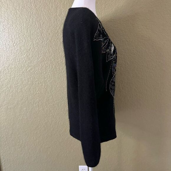Vintage Womens L Sequin Beaded Flower Sweater Black Bedazzled Pointsetta Holiday - Picture 3 of 6